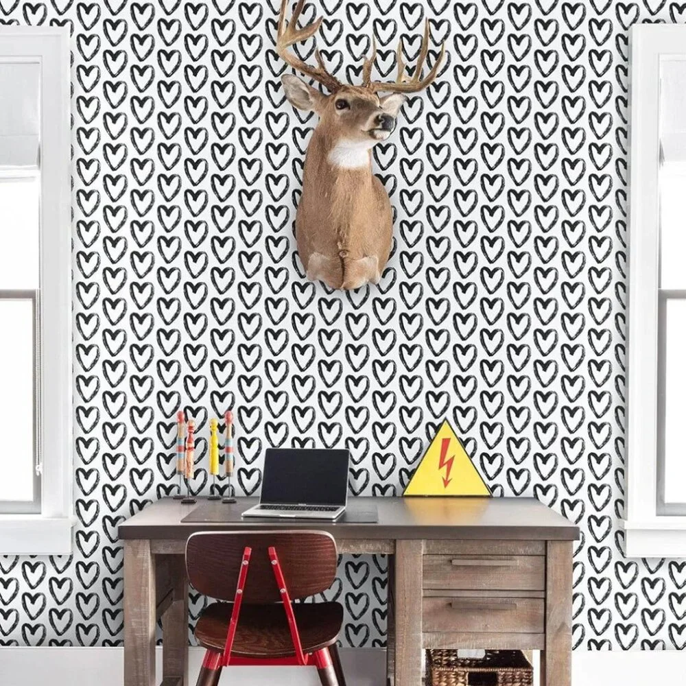 Black Heart Peel & Stick Wallpaper – White Modern Vinyl 17.7